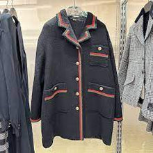 Load image into Gallery viewer, Gucci Soft Tweed Bouclé Black Button Down Coat with Green Red Web