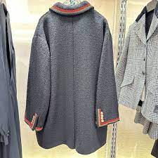 Gucci Soft Tweed Bouclé Black Button Down Coat with Green Red Web