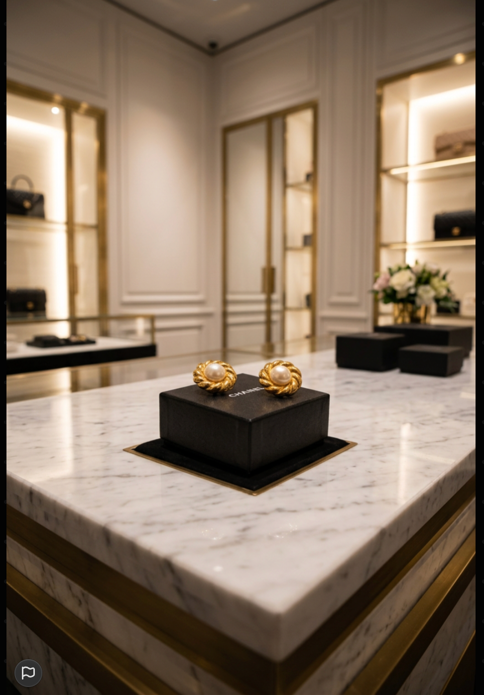 A pair of gold CLIP ON VINTAGE CHANEL earrings displayed on a black jewelry box set on a white marble countertop inside a luxury boutique with warm lighting and gold-trimmed display cases.