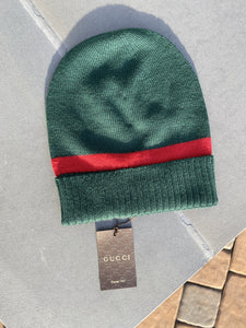 Gucci GG Green Wool Beanie with Red Stripe