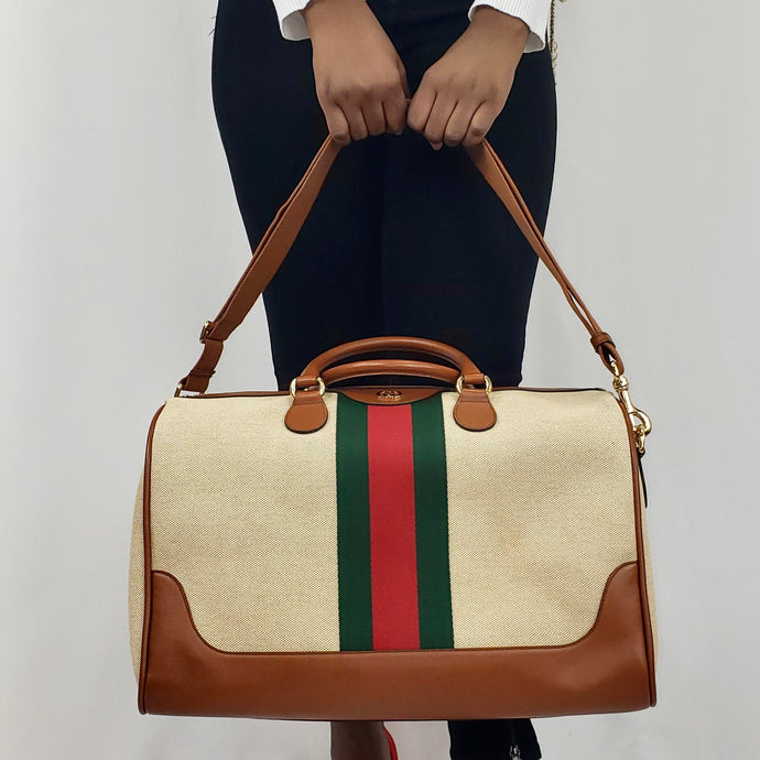 Gucci Travel Duffel Bag with Web in Beige