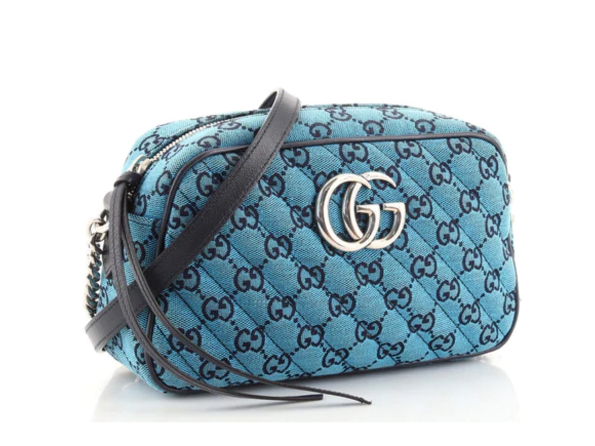 GUCCI GG Marmont Camera Bag in White Leather With Blue Trim