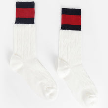 Load image into Gallery viewer, WHITE CABLE KNIT WOOL SOCKS WITH A BIT OF STRETCH.  CLASSIC GUCCI BLUE AND RED STRIPE CUFF AT TOP.  SIMPLE AND ICONIC.  CLEAN AND CLASSY.