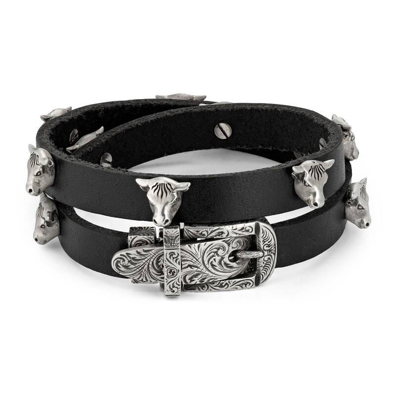 Gucci Black Leather Double Wrap Bracelet with Feline Heads & Studs - Bracelet / Base Metal | Pre-owned & Certified | used Second Hand | Unisex