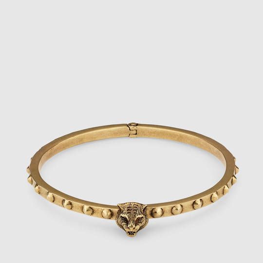 Gucci Metal Studded Feline Head Bracelet in Aged Gold