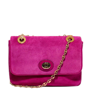 Pink GG Motif Marina Shoulder Bag Gold-tone hardware  100% suede Leather trim  Canvas interior lining Top flap with magnetic closure  Chain shoulder strap Interlocking GG accent  2 main compartments  1 zipped pouch  7" x 10" x 2" Strap drop 11" or 20.5" Product number 5764211 Made in Italy 