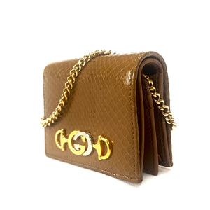 Gucci Zumi Horse-bit Snakeskin Card Case on a Chain in Brown