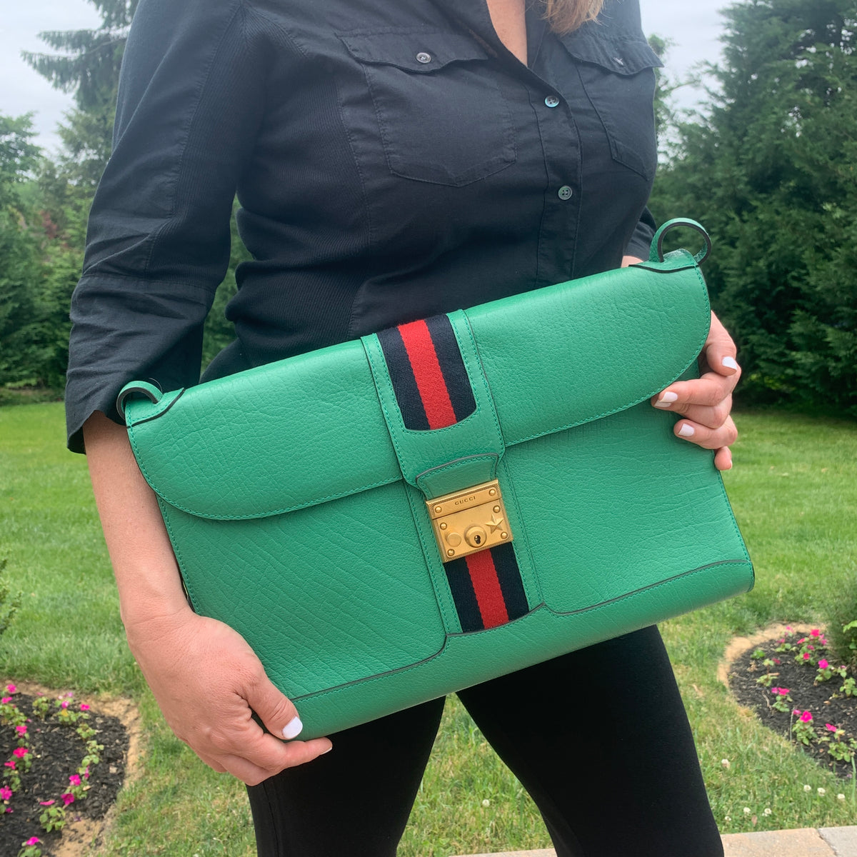 Gucci Black Pebbled Leather Boston Bag with Green Red Green Web