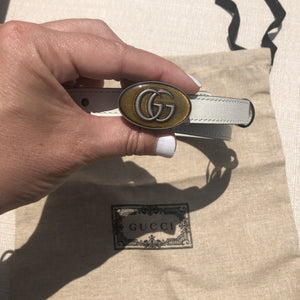Gucci Leather Belt with Oval Enameled Buckle in White