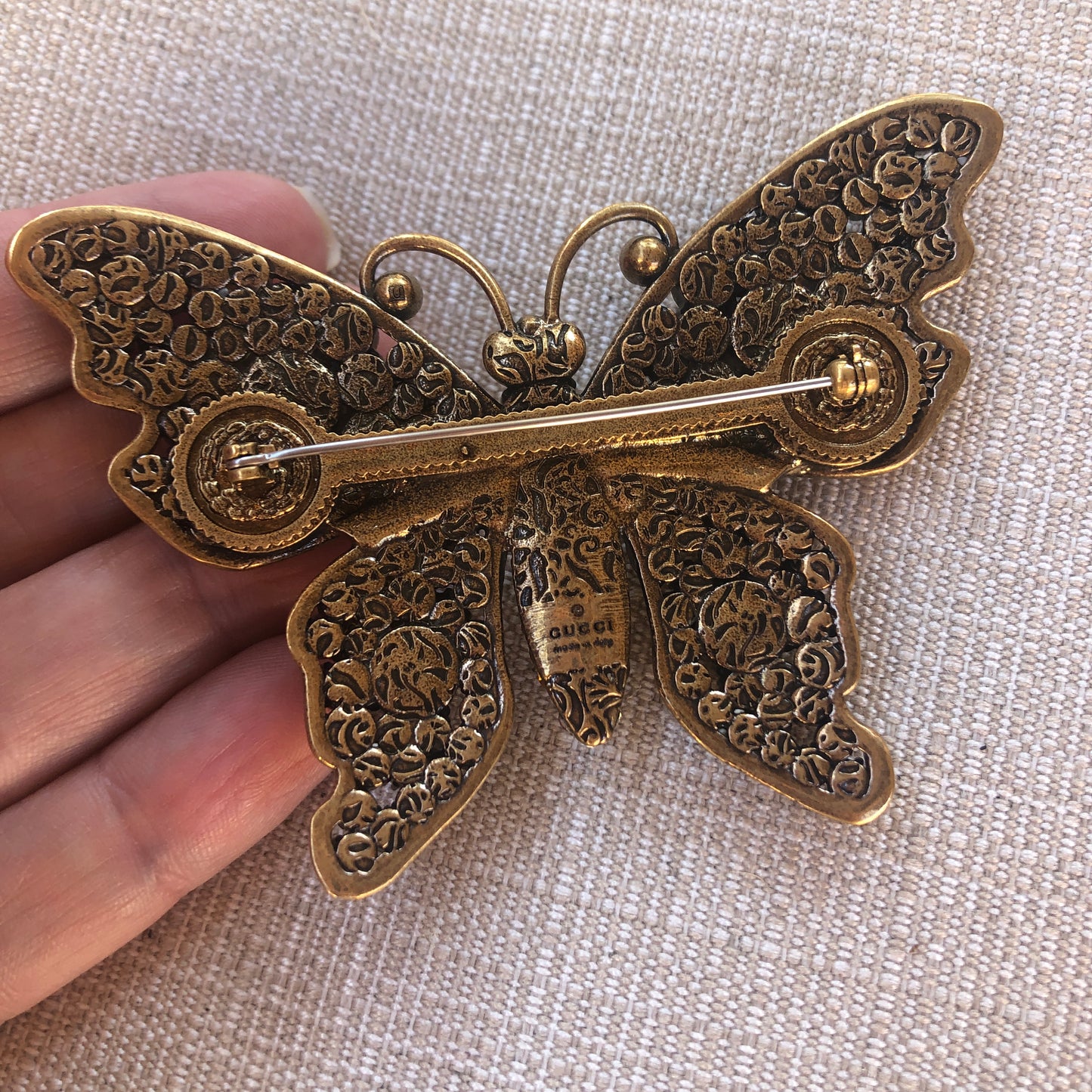 Gucci Multicolor Crystal Studded Butterfly Brooch in Gold