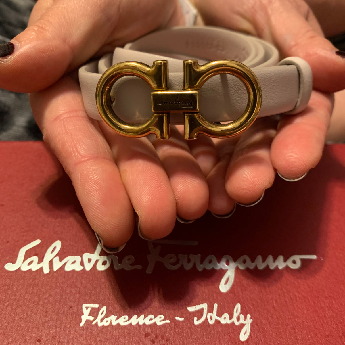 Salvatore Ferragamo Belt with Gold Gancini Buckle in Jasmine