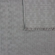 Load image into Gallery viewer, French Gray with a Tory Burch logo pattern Eyelash fringe on edges 50% Cotton, 50% Silk 77&quot; x 51&quot; (195.5cm x 129.5cm) Product Code 888736888853 Made in France
