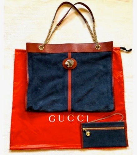 Gucci Rajah Suede Shopping Tote Bag Navy Blue Red