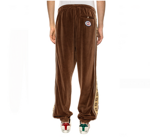 Gucci Interlocking GG Stripe Velour Jogger Pants in Brown