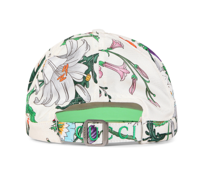 Gucci Flora Print Silk Hat with Reflective Visor in Green L