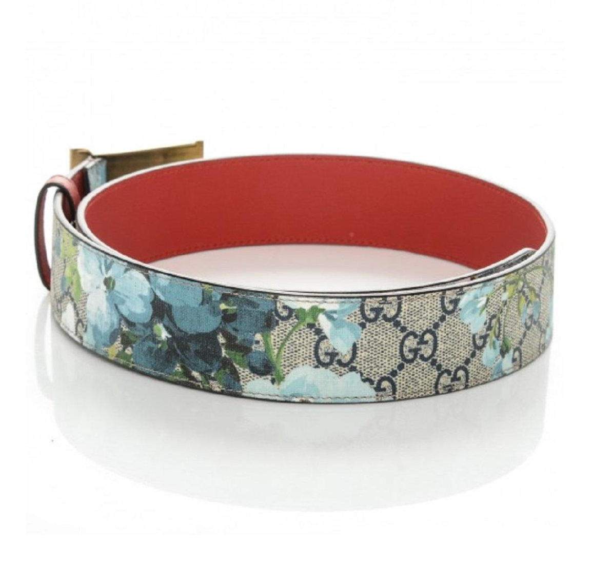 Gucci GG Supreme Blooms Belt with Brass Tiger Head Buckle in Blue
