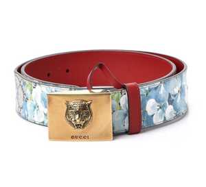 Gucci GG Supreme Blooms Belt with Brass Tiger Head Buckle in Blue