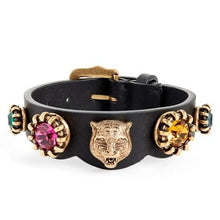 Load image into Gallery viewer, Gucci Crystal Feline Head Leather Bracelet in Black