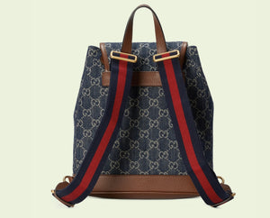 Gucci Backpack GG Denim with Brown Leather Trim