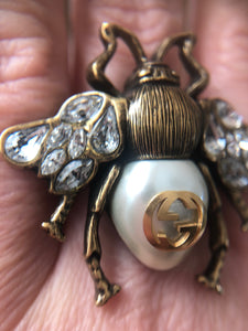 Gucci Bee Ring in Antique Gold with Crystals and Pearl