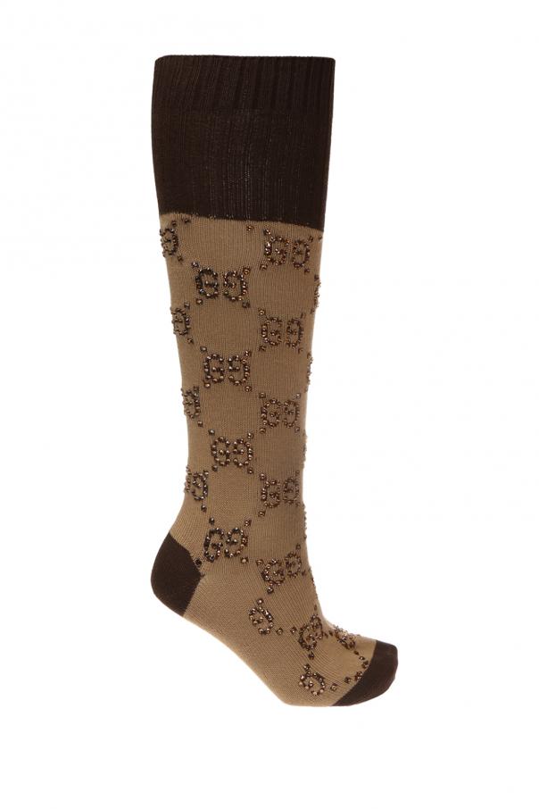 Gucci GG Supreme Long Socks, Beige/Dark Brown, Women's, Medium