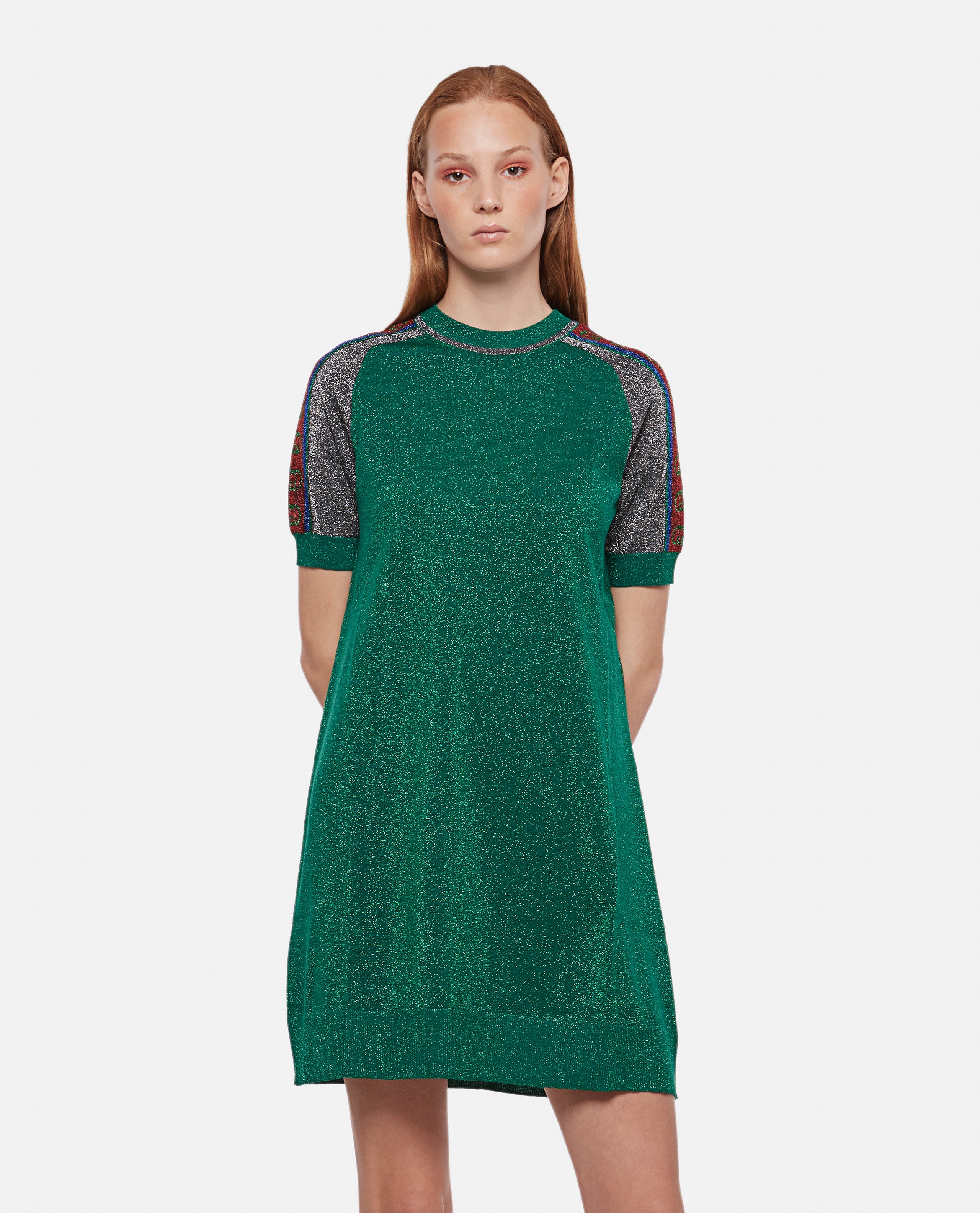 Gucci Short-Sleeve Shimmer Wool Track Dress, Green, Women's, XS