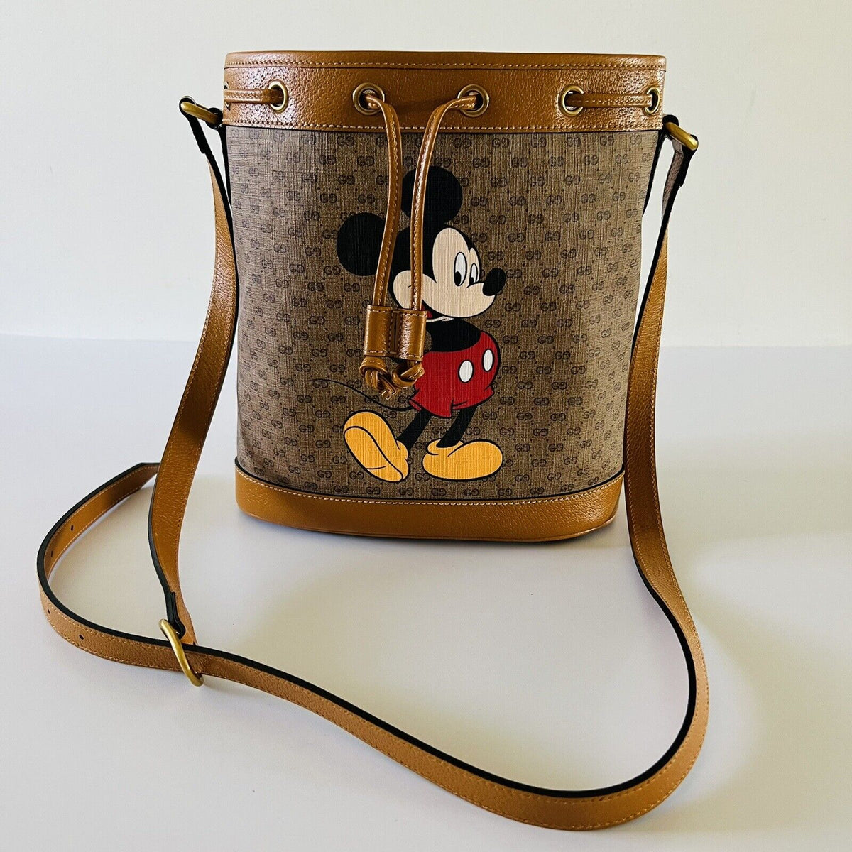 GUCCI X DISNEY Calfskin Mickey Mouse Printed Bucket Bag Brown 778773