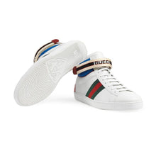 Load image into Gallery viewer, White stripe ace high-top sneakers Blue trim with red and green detailing  100% leather  Nylon trim  Lace up style Velcro red and black Gucci Jacquard strap Signature Gucci web Snake ayer accent on backs Rubber sole with knight  Product number 5234720 Made in Italy 