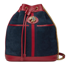 Load image into Gallery viewer, Blue Bucket Rajah Medium Suede Hobo Bag Red trim  Gold-tone hardware  100% suede  Leather trim and reenforcing  Drawstring style closure  Crystal encrusted tiger head detail  Navy and red web  Gold chain shoulder strap  2 internal slip pockets  2 external pockets   12&quot; x 10.5&quot; x 4.5&quot; Strap drop 21.5&quot; Product number 5539610 Made in Italy