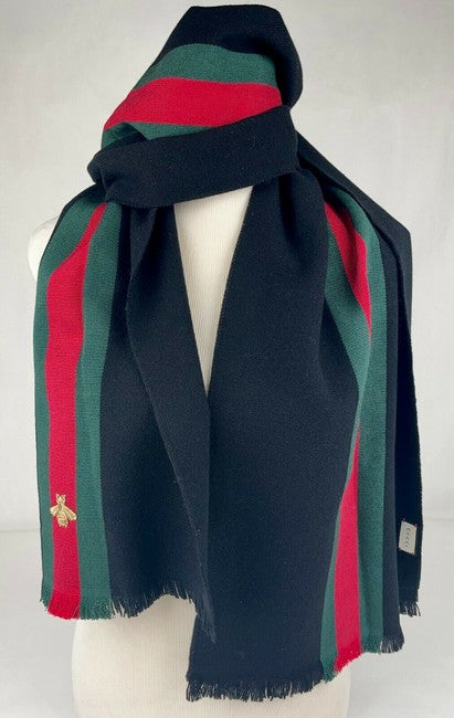 Gucci Black Wool Cashmere Silk Long Scarf with BRB Web and Bee –