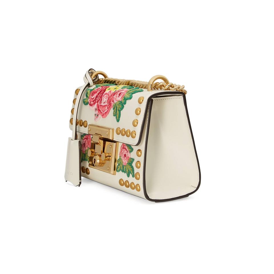 Gucci Small Floral Embroidered Padlock Shoulder Bag in White