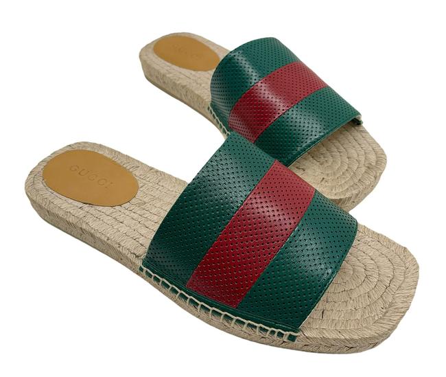 Gucci Green and Red Web Striped Slides in Beige Gavriel.us