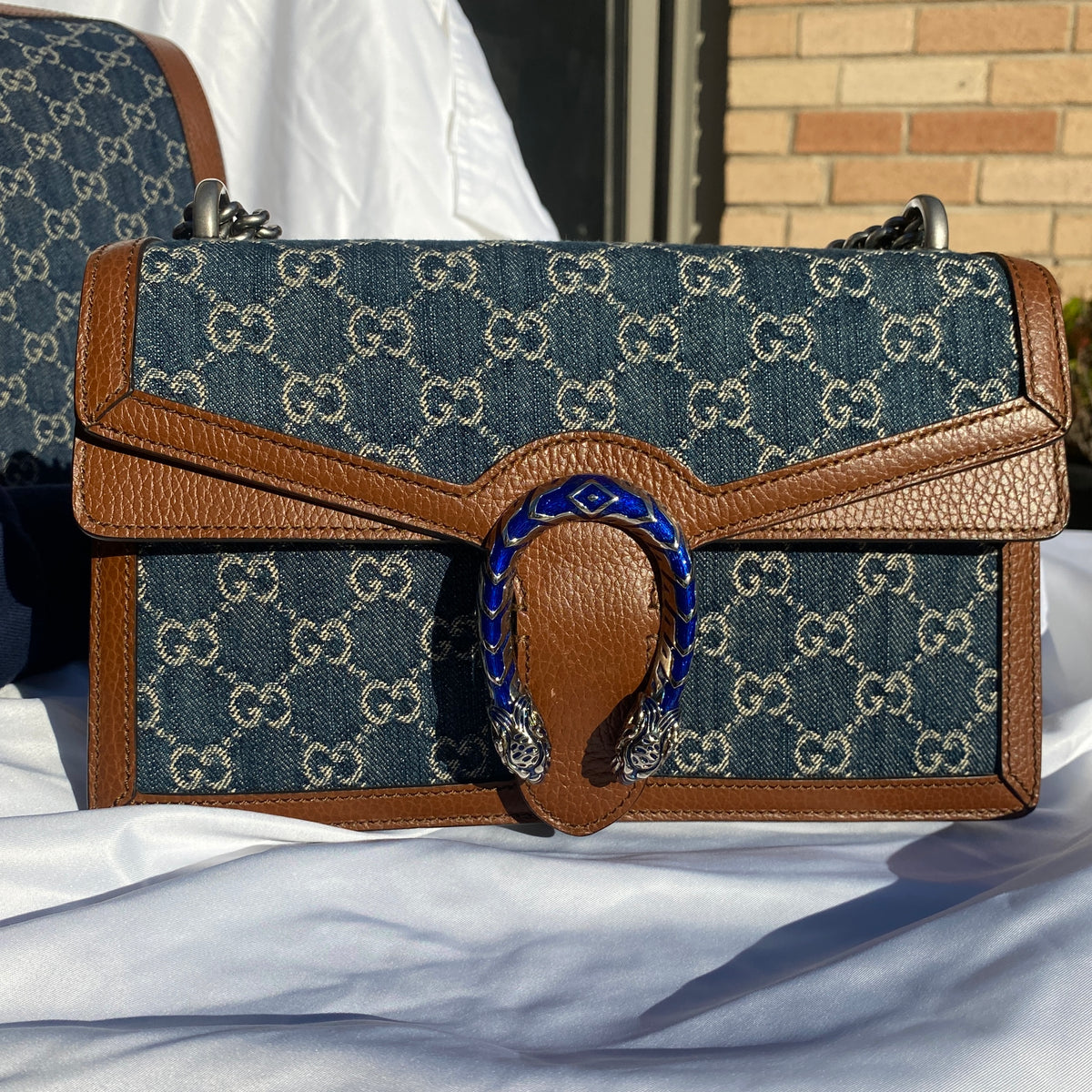 Gucci Small Dionysus Shoulder Bag in Blue and Ivory GG –