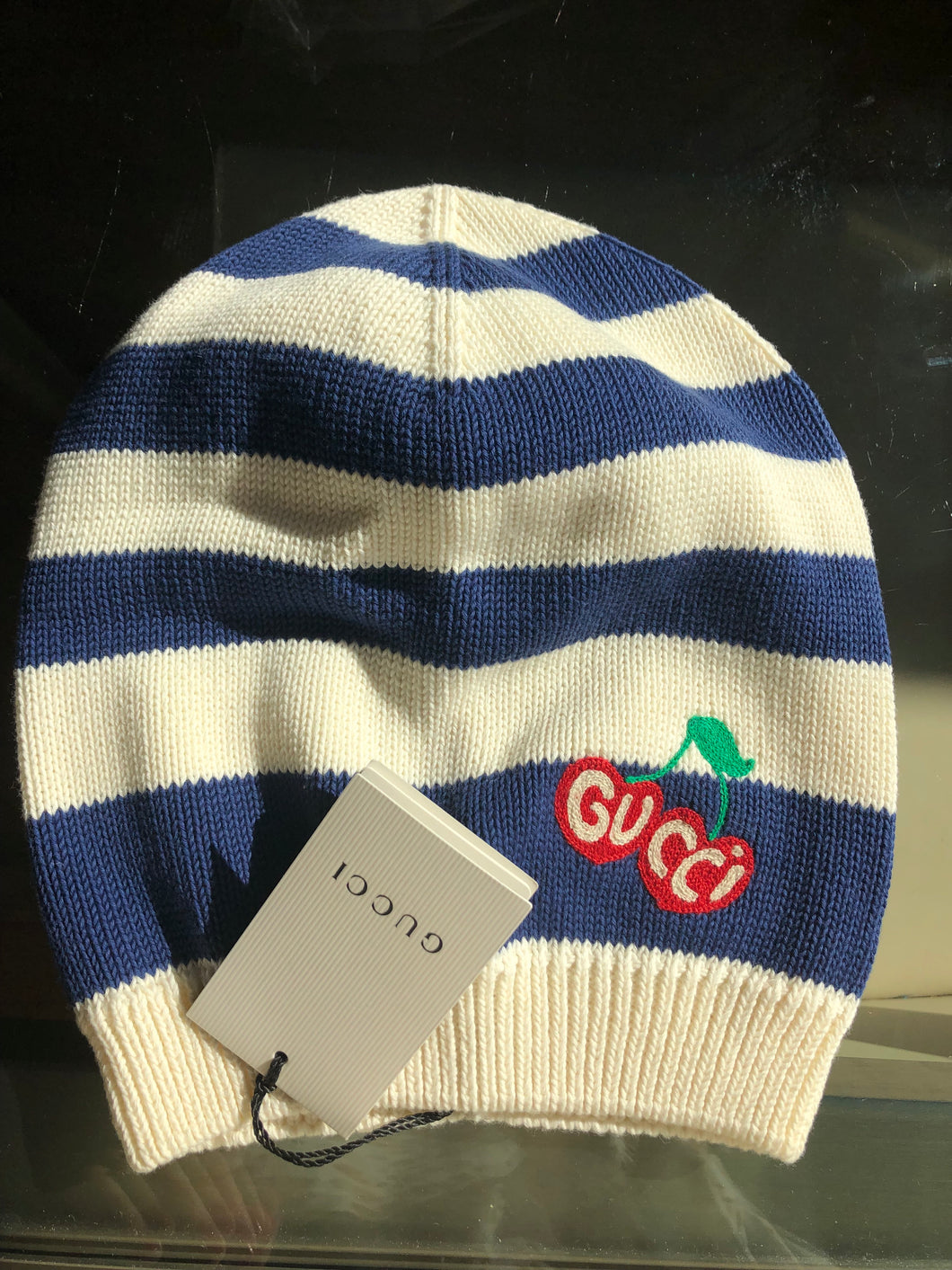 Gucci Blue and White Striped Beanie Hat with Cherry Motif