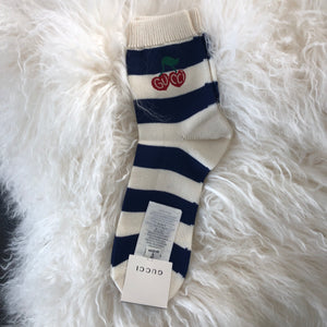 Gucci Blue and White Striped Knitted Ankle Socks with Cherries