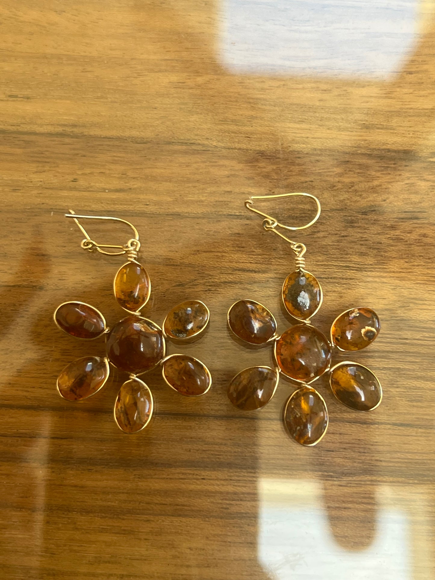 Baltic Amber Floral Drop Earrings in Gold Setting