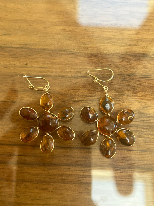 Baltic Amber Floral Drop Earrings in Gold Setting