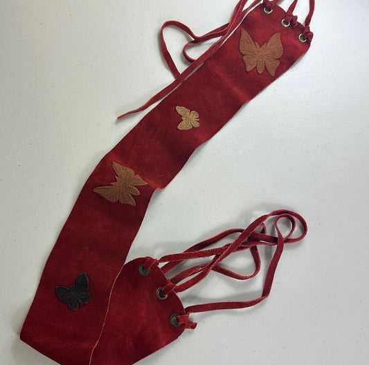 Red Leather waistband/belt with leather fringes and Butterfly
Appliqués