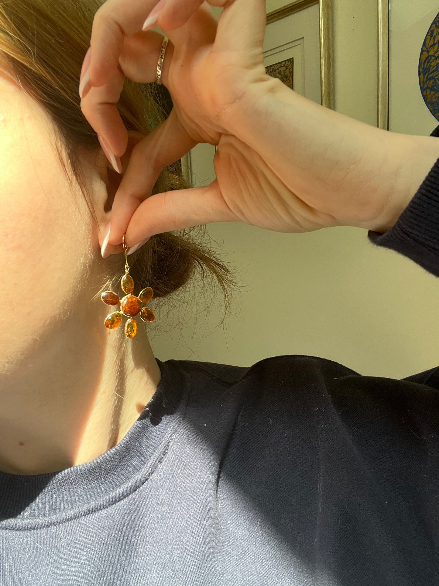 Baltic Amber Floral Drop Earrings in Gold Setting