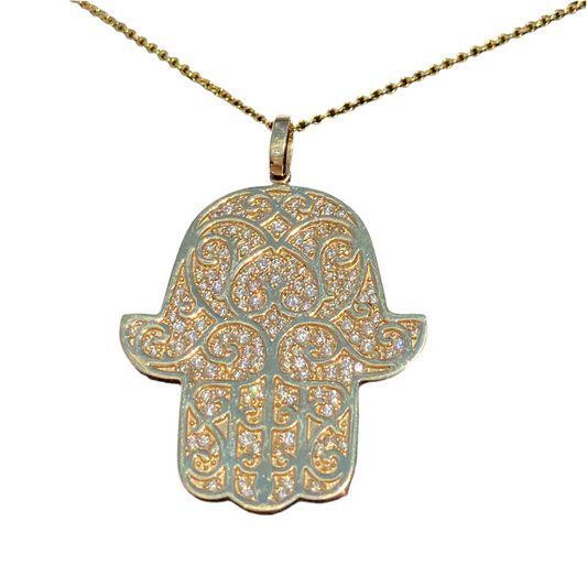 14K Yellow Gold Hamsa Pendant Necklace 0.90 CTW with Adjustable Chain Length