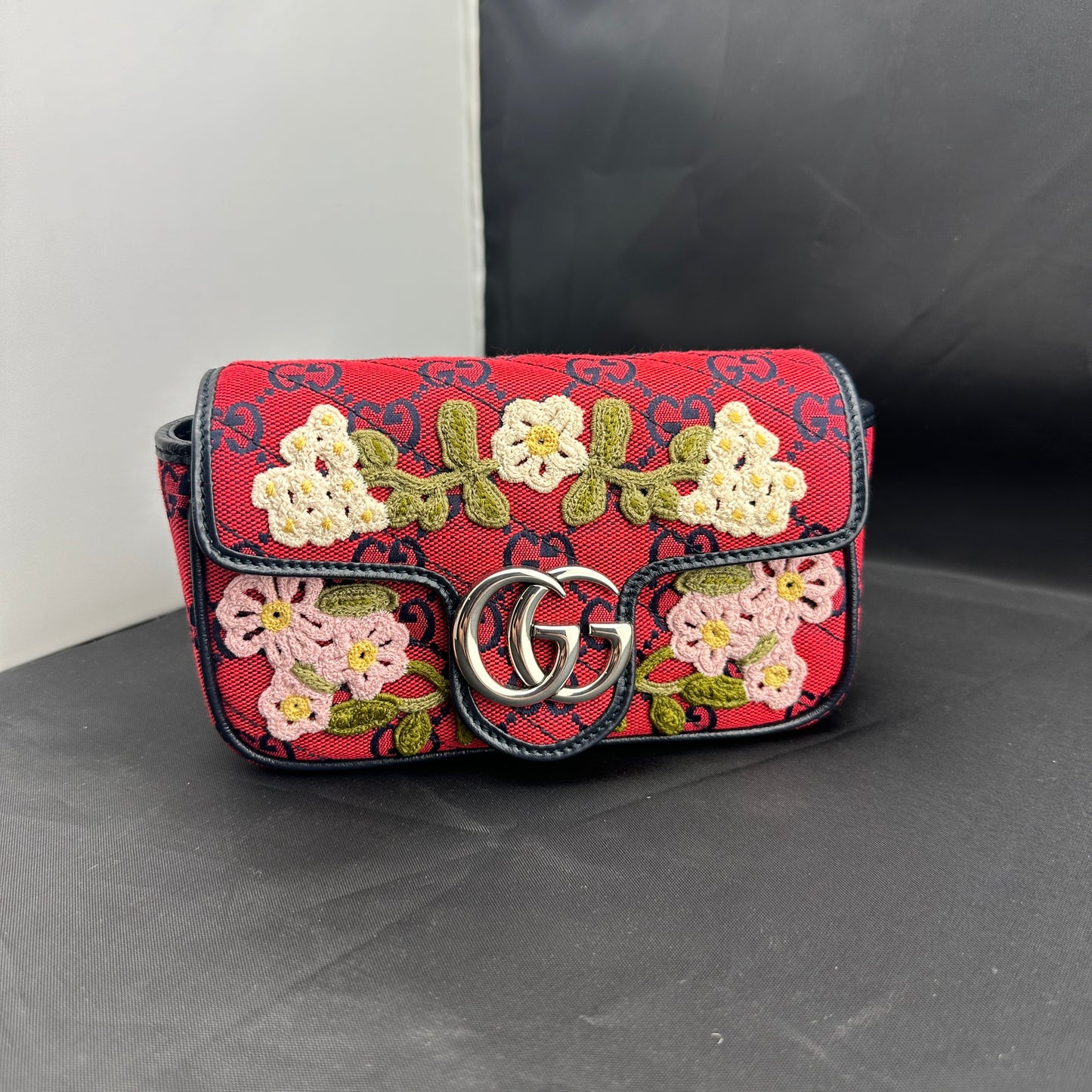 Gucci Monogram Multicolor Super Mini GG Marmont in Red with Floral Embroidery
