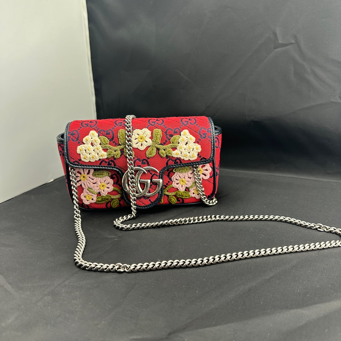Gucci Monogram Multicolor Super Mini GG Marmont in Red with Floral Embroidery