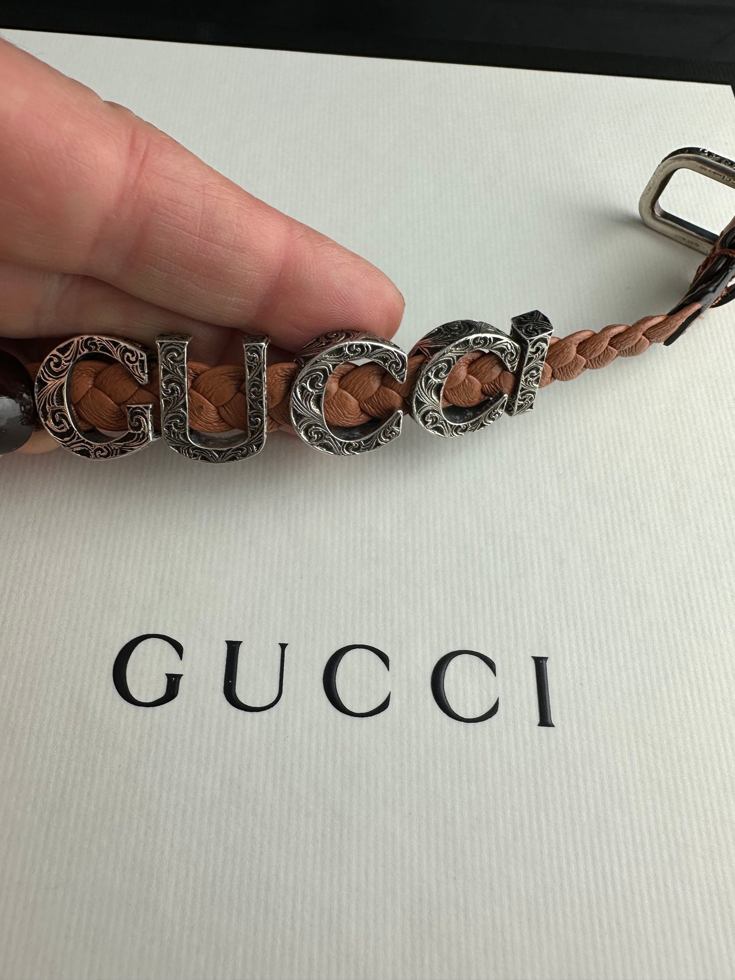 Gucci Garden Leather Bracelet with Silver Logo