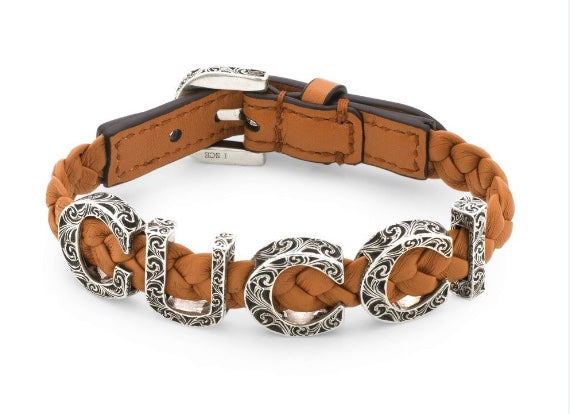 Gucci Garden Leather Bracelet with Silver Logo