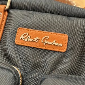 Robert Graham Navy Blue Duffel Travel Bag with Brown Leather Trim