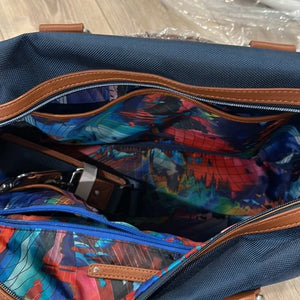 Robert Graham Navy Blue Duffel Travel Bag with Brown Leather Trim