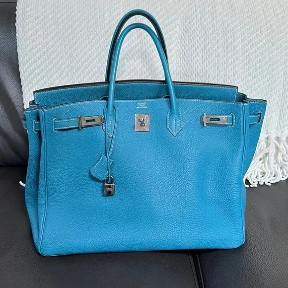 PREOWNED Authentic Hermes Togo BIRKIN Bleu Jean with Palladium Hardware Clemence Leather