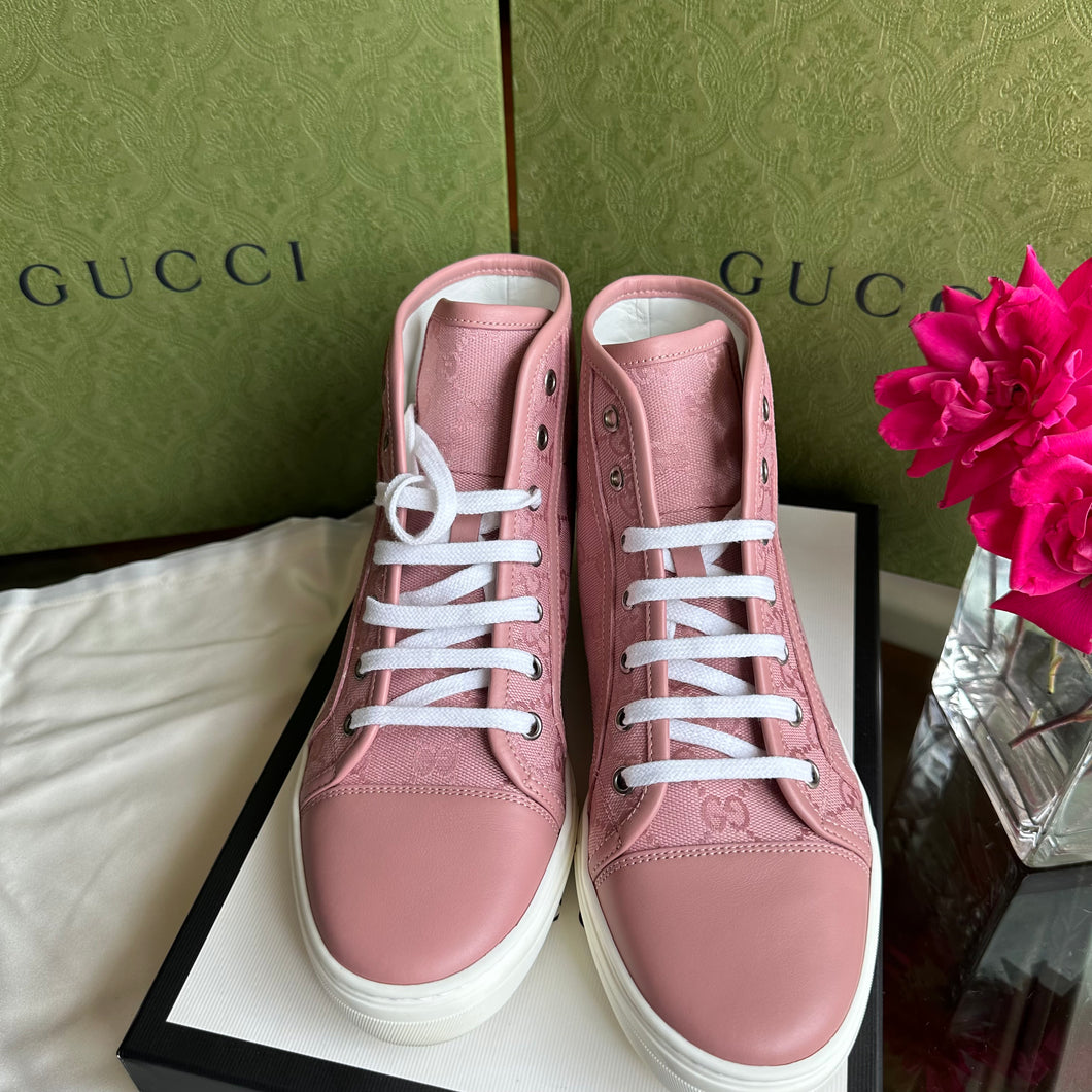 Gucci GG Miro Soft Canvas and Leather High-Top Sneakers in Pink and White