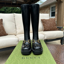 Load image into Gallery viewer, Gucci Horsebit Knee-High Rubber Boots in Black