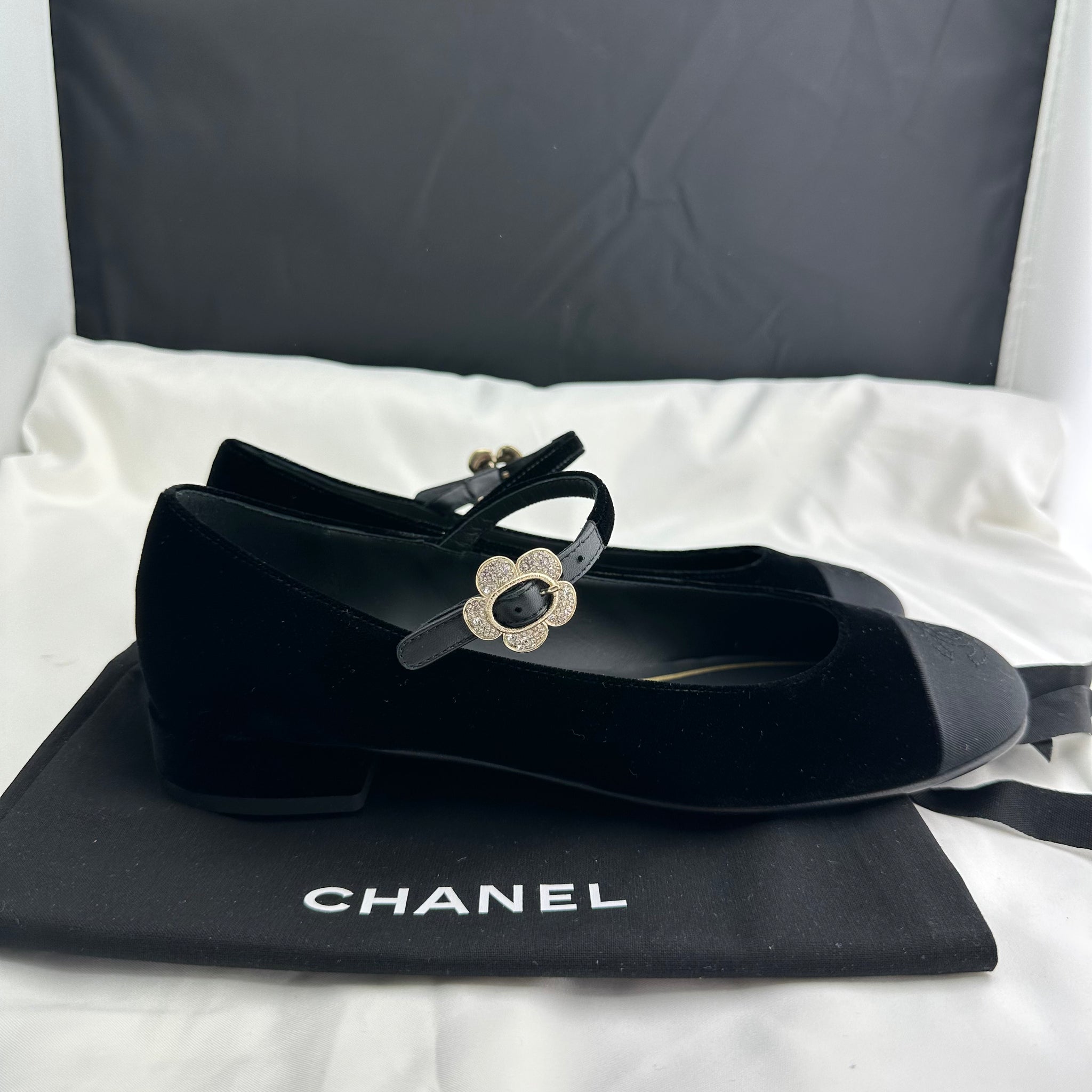 Chanel Velvet Grosgrain Mary Jane Flats –